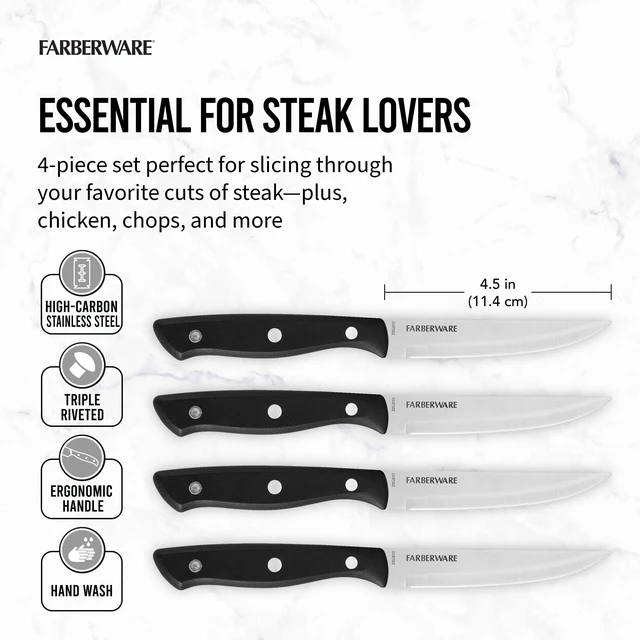 Alt view image 4 of 6 - Farberware Classic 4-Piece Stainless Steel Steak Knife Set with Black Handles