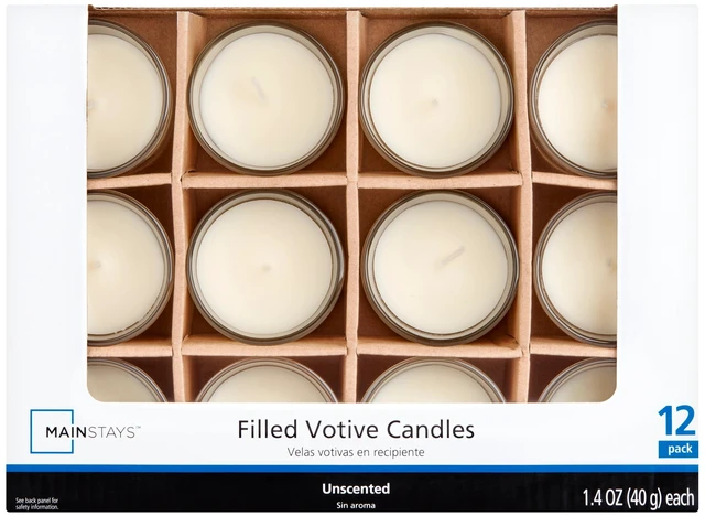 Main image of Mainstays Unscented Filled Votive Glass Candles, Ivory, 12-Pack