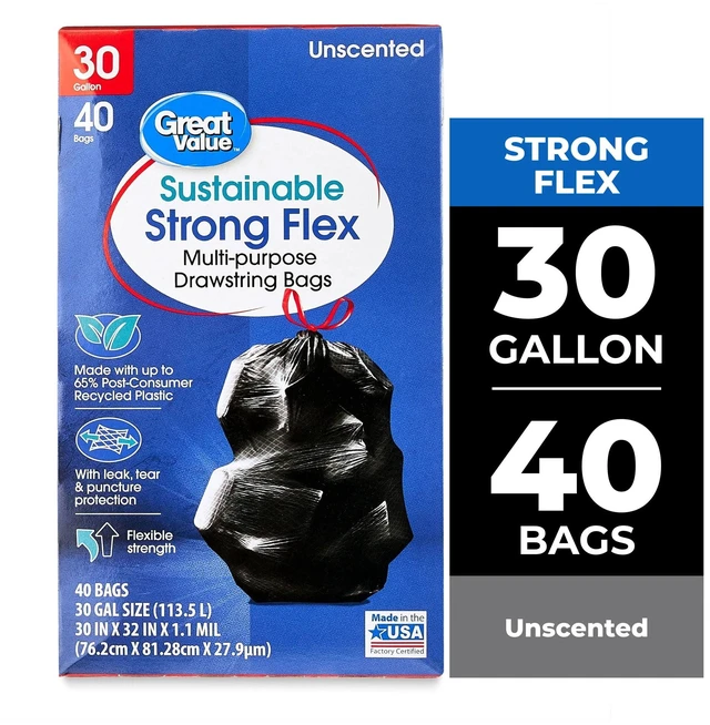 Main image of 30Gallon, 40Count Great Value Sustainable Strong Flex Multi-Purpose Drawstring Bags