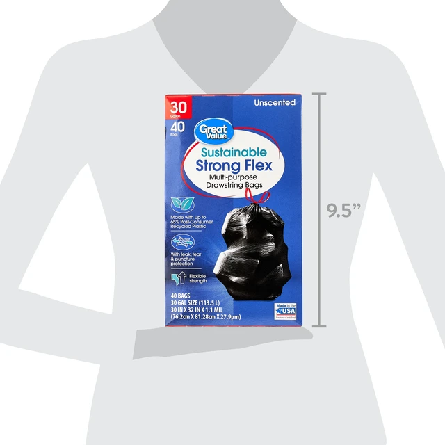 Alt view image 4 of 6 - 30Gallon, 40Count Great Value Sustainable Strong Flex Multi-Purpose Drawstring Bags