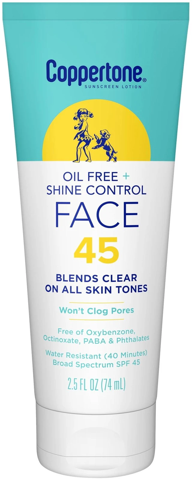 Main image of Coppertone SPF 45 Oil Free + Shine Control Sunscreen Face Lotion, 2.5 fl oz Tube