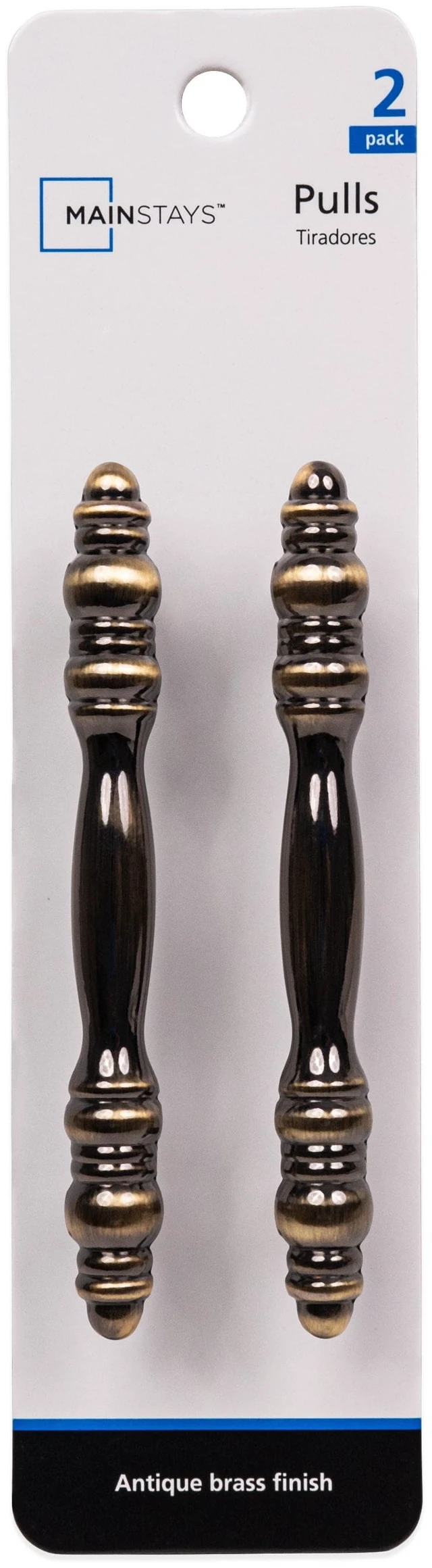 Main image of Mainstays 3" (76mm) Center-to-Center Traditional Cabinet Pull, Antique Brass, 2 Pack