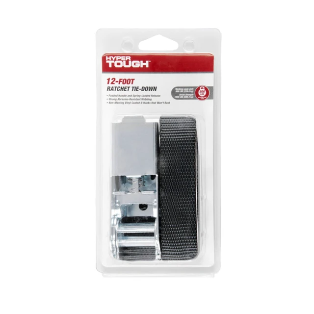 Alt view image 2 of 6 - Hyper Tough 2-Pack 12ft x 1in Black Ratchet Tie-Down with Coated S-Hooks