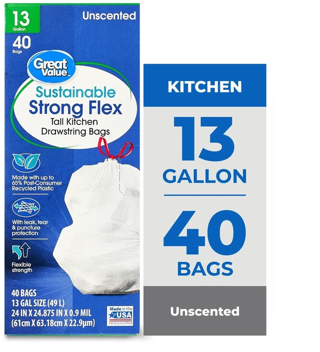 Main image of Great Value Sustainable Strong Flex Tall Kitchen Trash Bags, 13Gal, 40Count