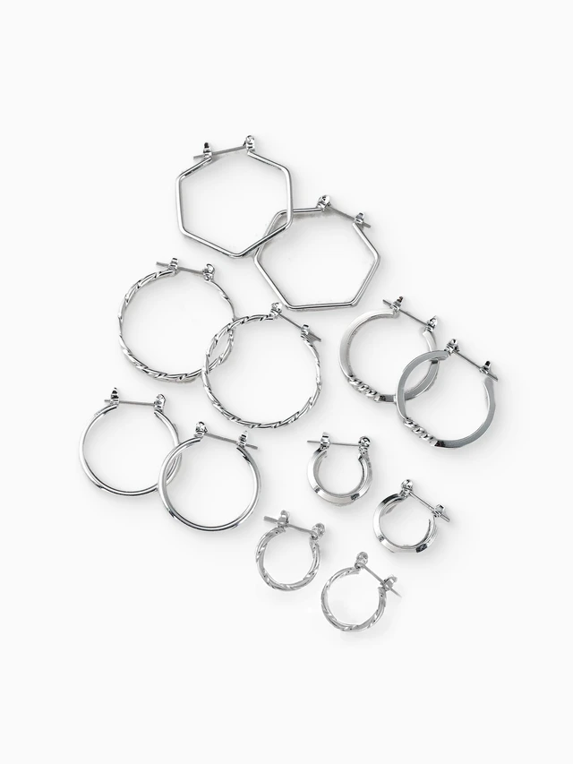 Alt view image 4 of 5 - Time and Tru Essentials Silver Hoop Earrings Multi Ear 6 Pack