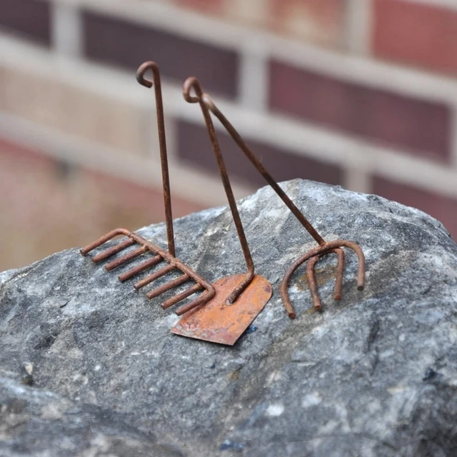 Alt view image 6 of 6 - G & F Fairy Garden Miniature Tool Set, Metal Decorative Spade, Pitchfork, Rake and Hoe, Brown, 1 Set
