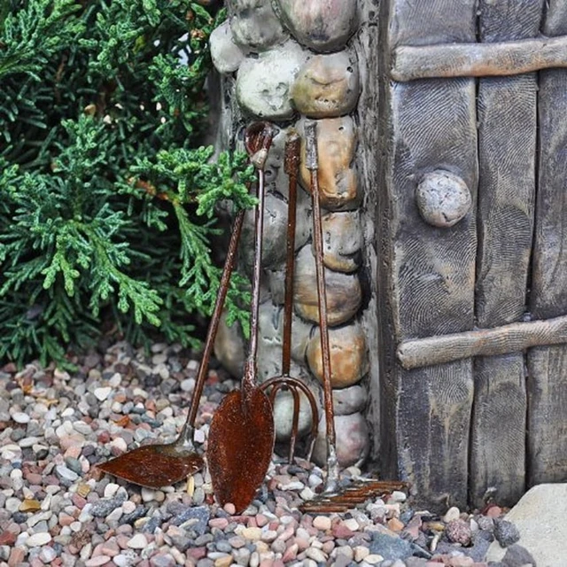 Alt view image 2 of 6 - G & F Fairy Garden Miniature Tool Set, Metal Decorative Spade, Pitchfork, Rake and Hoe, Brown, 1 Set