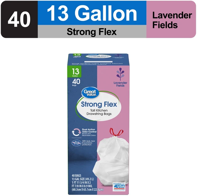 Alt view image 6 of 6 - Great Value Strong Flex 13-Gallon Drawstring Tall Kitchen Trash Bags, Lavender Fields, 40 Bags