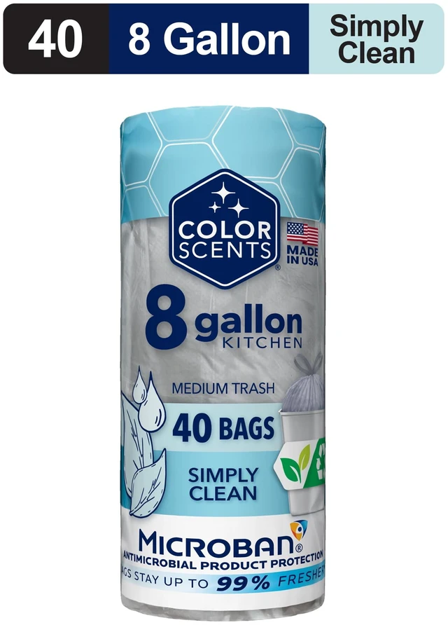 Main image of Color Scents Medium Drawstring Trash Bags, 8-Gallon, 40 Count, Simply Clean Scent, Microban Protection