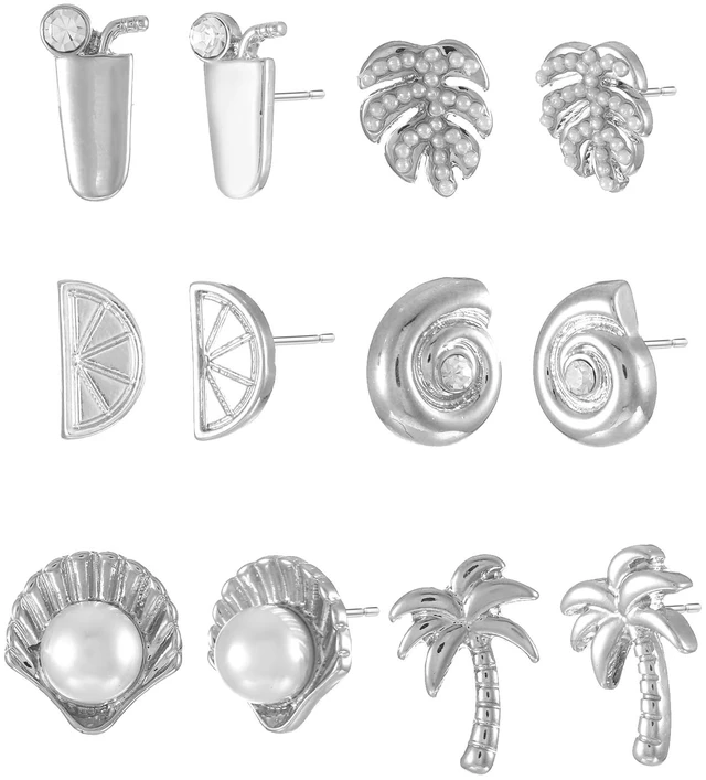 Main image of Time and Tru Silvertone Vacay Vibes Stud Earrings, 6 Pairs