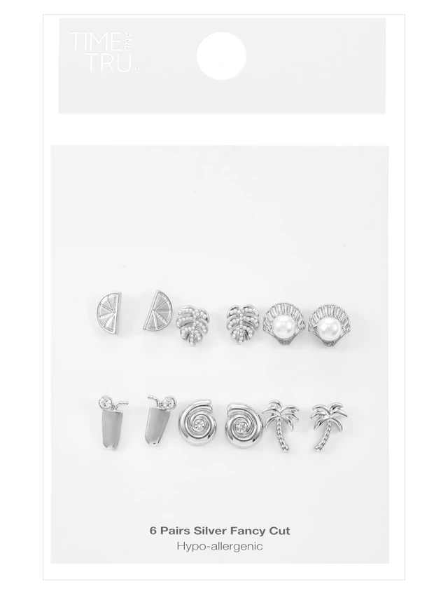Alt view image 4 of 4 - Time and Tru Silvertone Vacay Vibes Stud Earrings, 6 Pairs