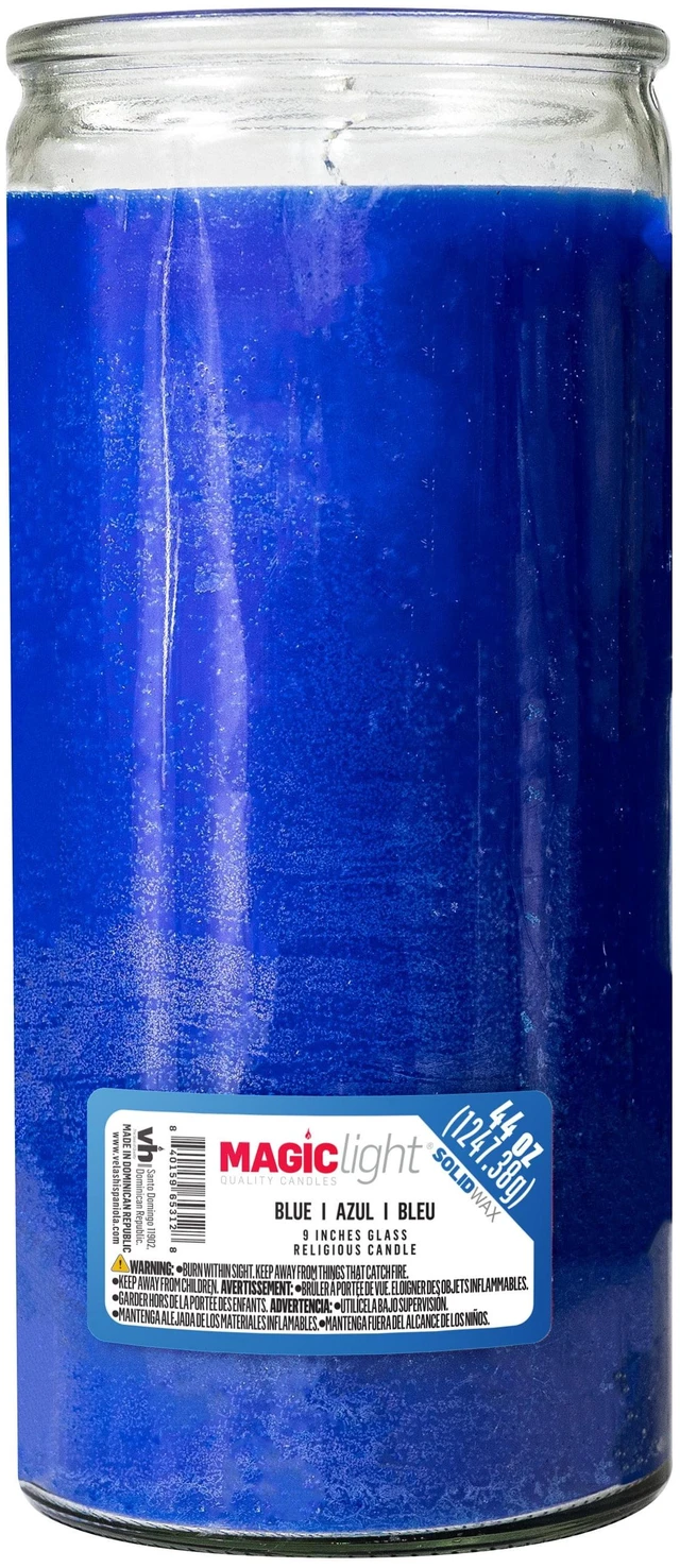 Main image of MagicLight Religious Candles 44oz Clear Glass Jar Unscented Blue Wax