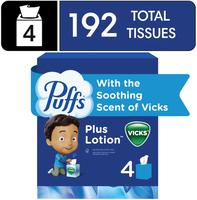 Main image of Puffs Facial Tissues Plus Lotion with Vicks Scent, 4 Count