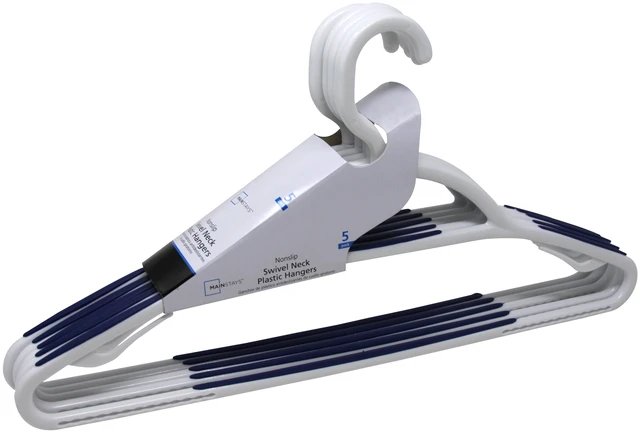 Main image of Mainstays Non-Slip Plastic Swivel Neck Clothing Hangers, 5 Count, White & Blue, Adult