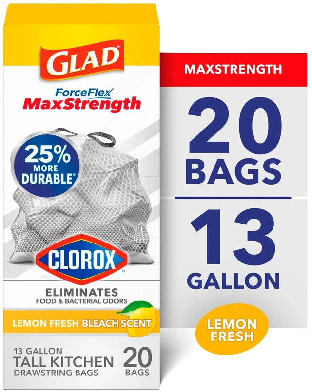 Main image of Glad ForceFlex MaxStrength 13-Gallon Drawstring Tall Kitchen Bags, Lemon Fresh Bleach Scent, 20 Count