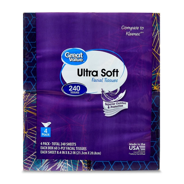 Alt view image 3 of 5 - Great Value 3-Ply Ultra Soft Facial Tissues, 60 Tissues per Cube, 4 Cubes