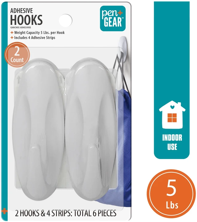 Main image of Pen+Gear Heavy-Duty Plastic Adhesive Large Wall Hooks, Damage Free, White, 2 Count