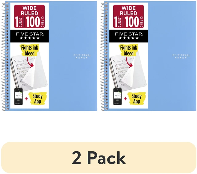 Main image of Five Star Spiral Notebook Plus Study App, 1 Subject, Wide Ruled, 8x10.5in, 2 Pack, Sky Blue