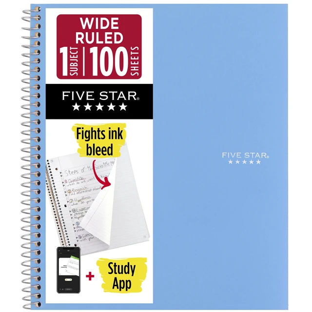 Alt view image 4 of 6 - Five Star Spiral Notebook Plus Study App, 1 Subject, Wide Ruled, 8x10.5in, 2 Pack, Sky Blue
