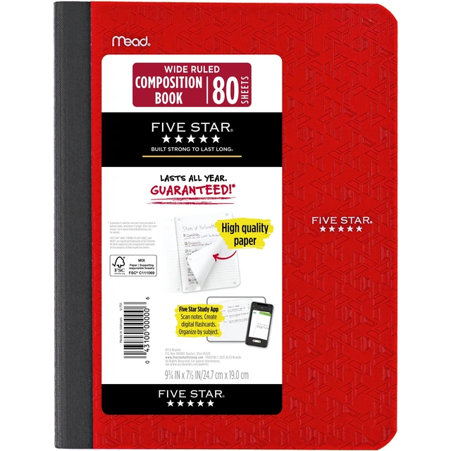 Alt view image 3 of 5 - 2 Pack Five Star Composition Book Plus Study App, Wide Ruled, 7.5" x 9.75", Fire Red, Poly, 80 Sheets