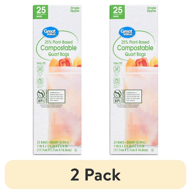 Main image of Great Value 2-Pack 25% Plant-Based Compostable Quart Bags, 25 Count