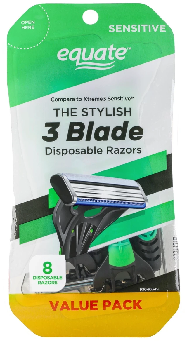 Main image of Equate Men's 3-Blade Sensitive Disposable Razors, Green and Black, 8 Count