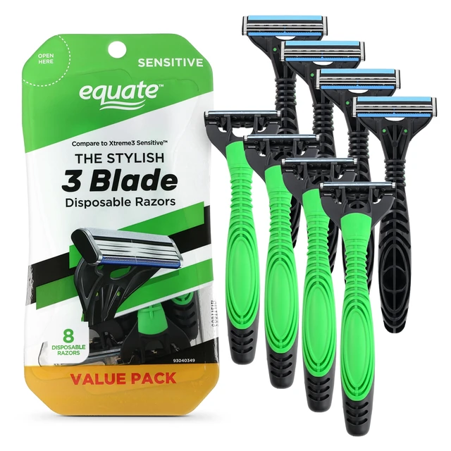 Alt view image 4 of 6 - Equate Men's 3-Blade Sensitive Disposable Razors, Green and Black, 8 Count