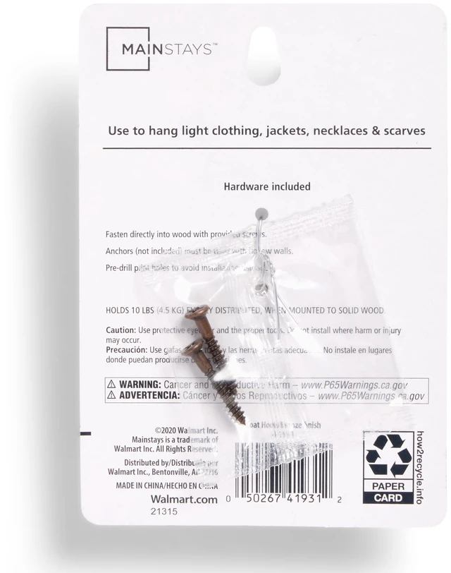 Alt view image 3 of 6 - Mainstays Double Hook Bronze Metal Hooks, 2 Pack, 10 lbs Capacity, for Hanging Towels and Coats