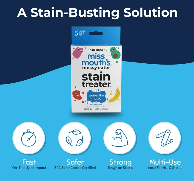 Alt view image 4 of 5 - Miss Mouth's Messy Eater Stain Treater Wipes for Baby & Kids, 5 Pack, Stain Remover for Food, Grease, Coffee & More, Gentle on Laundry, Fabric & Underwear