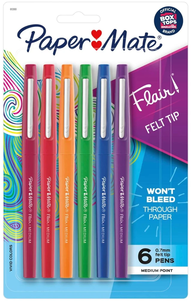 Main image of Paper Mate Flair Felt Tip Pens, Medium Point 0.7mm, Assorted Colors, 6 Count, #1 Teacher Choice