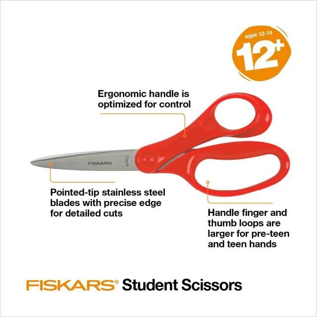 Alt view image 2 of 6 - Fiskars Student Scissors 7" Pointed Red for Kids 12 & Older