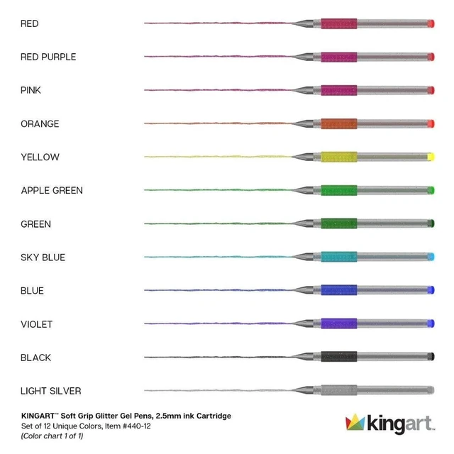 Alt view image 5 of 6 - KINGART Glitter Gel Pens Set, 12 Vibrant Colors, 2.5mm Soft Grip Pens for Adult Coloring, Art and Fine Lines