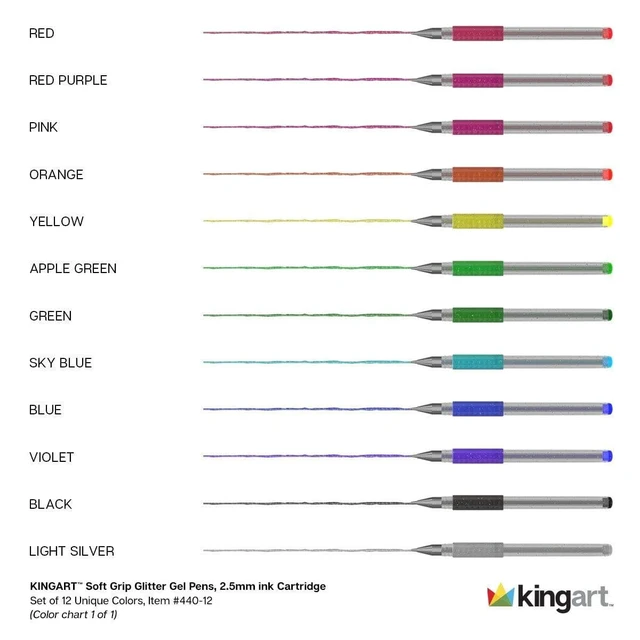 Alt view image 6 of 6 - KINGART Glitter Gel Pens Set, 12 Vibrant Colors, 2.5mm Soft Grip Pens for Adult Coloring, Art and Fine Lines