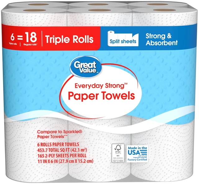 Alt view image 6 of 6 - Great Value Everyday Strong Paper Towels, 6 Triple Rolls, Split Sheets