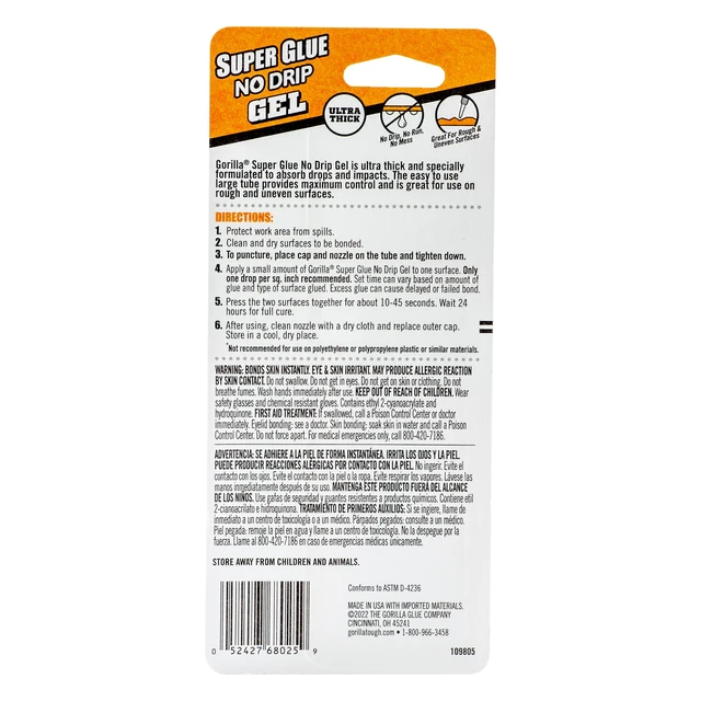 Alt view image 3 of 3 - Gorilla Super Glue No Drip Gel, Ultra Thick for Rough & Uneven Surfaces, 24-Hour Dry Time