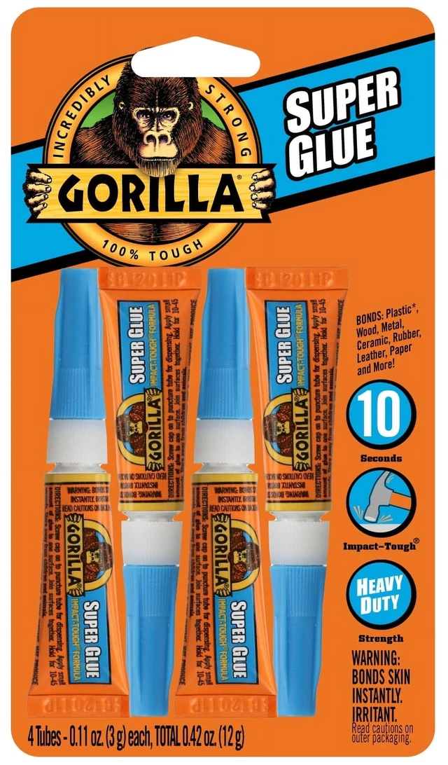 Main image of Gorilla Super Glue, Clear, 4x3g Tubes, All Purpose Fast Setting for Projects and Repairs