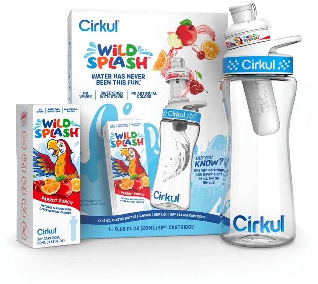 Main image of Cirkul Kids Water Bottle Starter Kit 16oz BPA-Free Bottle with Flavor Cartridge, Blue Lid (Parrot Punch)