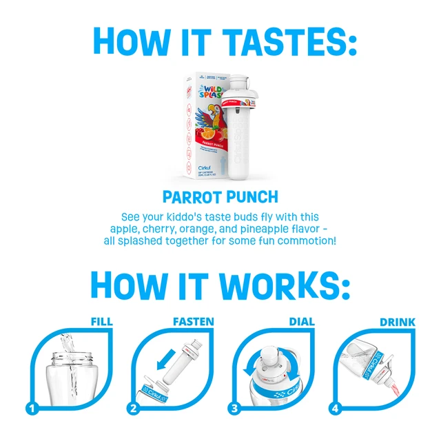 Alt view image 4 of 6 - Cirkul Kids Water Bottle Starter Kit 16oz BPA-Free Bottle with Flavor Cartridge, Blue Lid (Parrot Punch)