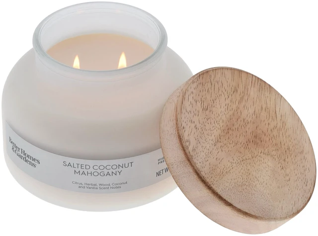 Main image of Better Homes & Gardens Salted Coconut Mahogany Scented 2-Wick Frosted Jar Candle, 18oz