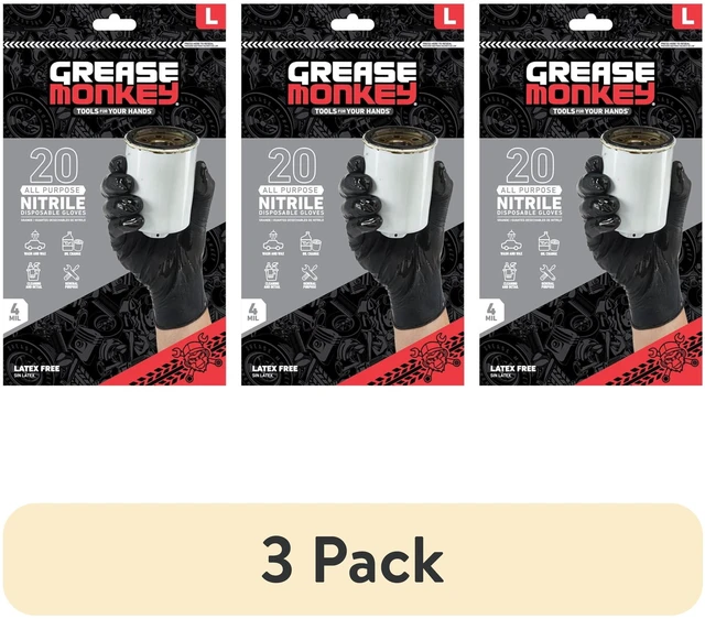 Main image of Grease Monkey Disposable Nitrile Gloves, Large, Black, Latex Free, 3 Pack (20 Count)