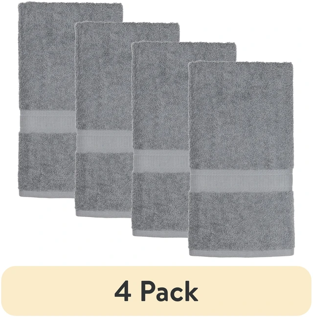 Main image of Mainstays Basic Hand Towel, 4 Pack, Soft, 100% Cotton, Highly Absorbent, Grey
