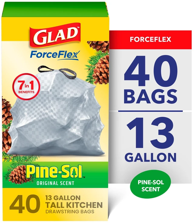 Main image of Glad ForceFlex 13-Gallon Drawstring Tall Kitchen Trash Bags, Pine-Sol Original Scent, 40 Count