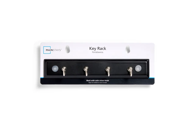 Alt view image 2 of 5 - Mainstays Black 8.75in Key Rail with 4 Satin Nickel Hooks, 2lb Capacity, for Keys Mail and Leashes, 1 Pack