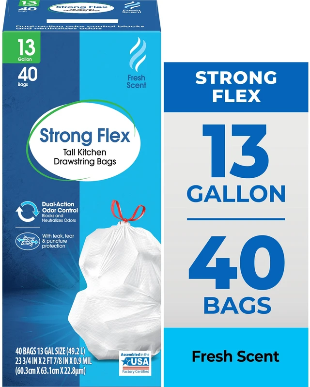 Main image of Great Value 13-Gallon Strong Flex Drawstring Tall Kitchen Trash Bags, Fresh Scent, 40 Bags