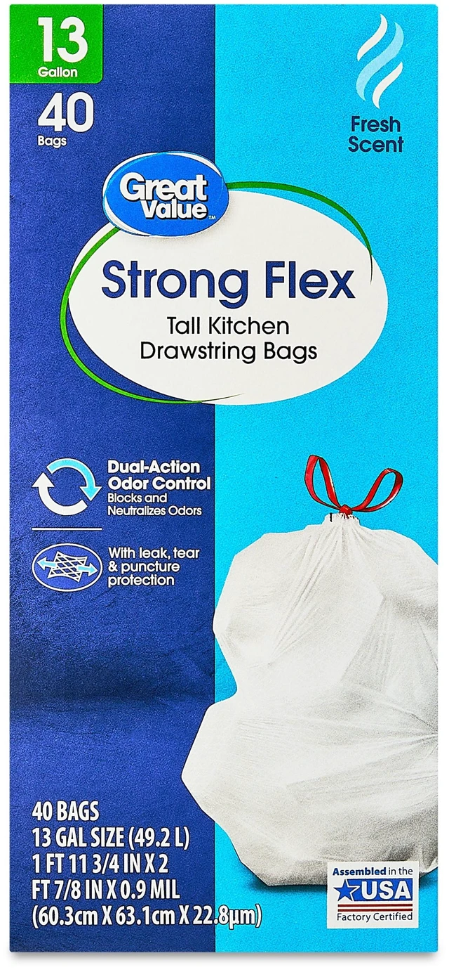Alt view image 2 of 6 - Great Value 13-Gallon Strong Flex Drawstring Tall Kitchen Trash Bags, Fresh Scent, 40 Bags