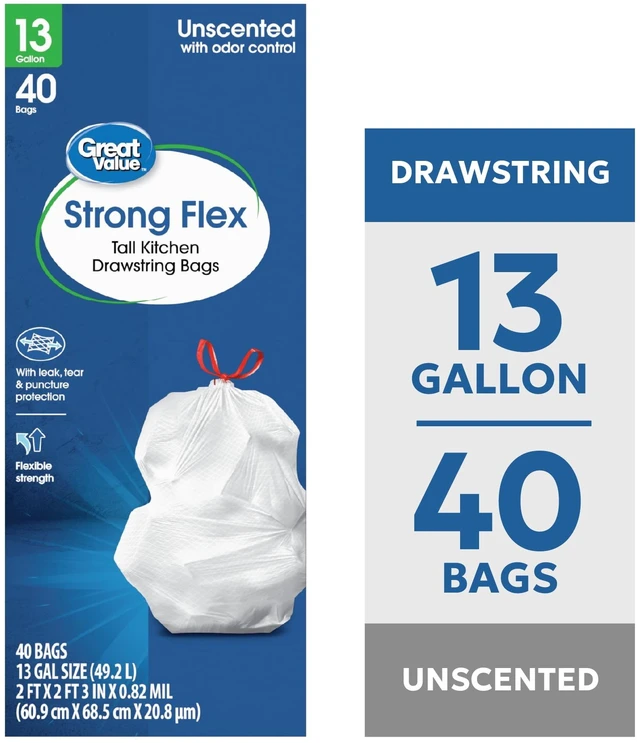 Main image of Great Value 13Gallon Strong Flex Tall Kitchen Drawstring Bags, 40Bags
