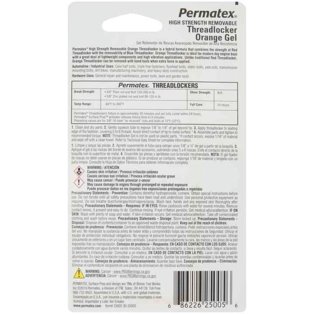 Alt view image 2 of 2 - Permatex 25005 High Strength Removable Threadlocker Orange Gel, 5ml