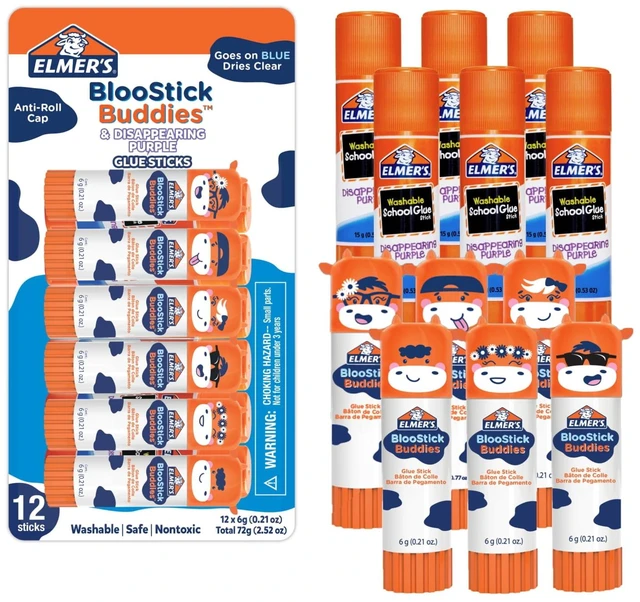 Main image of Elmer's BlooStick Buddies Glue Sticks, Disappearing Blue, 6g, 12 Count