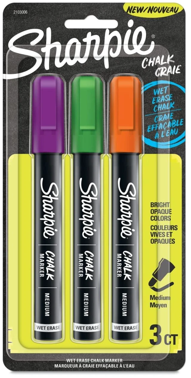 Main image of Sharpie Chalk Markers, Wet Erase, Assorted Colors, 3 Count