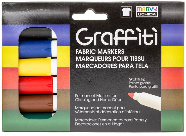 Main image of Marvy Uchida Permanent Fabric Markers, Brush Tip, 6-Count, Non-Toxic, Primary Colors